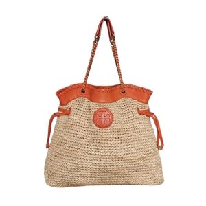 Tory Burch Natural Straw Tote with Orange Leather Trim